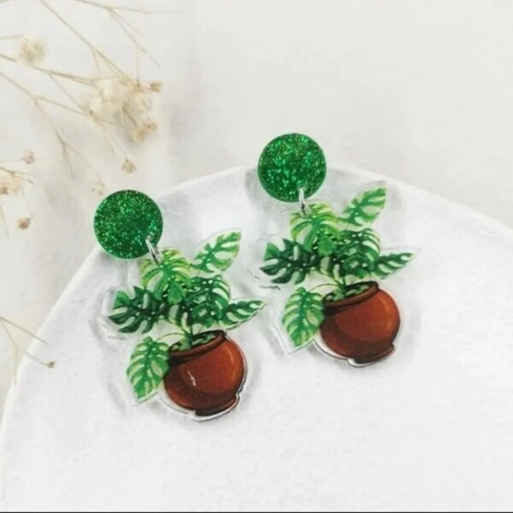 2/$30🌵 Monstera Leaf Potted Plant Earrings Acrylic Jewelry Plant Lady NEW